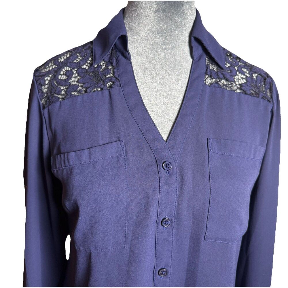 Express Portofino Shirt XS Navy Blue Lace Shoulder Office Siren Retro 1990s Look